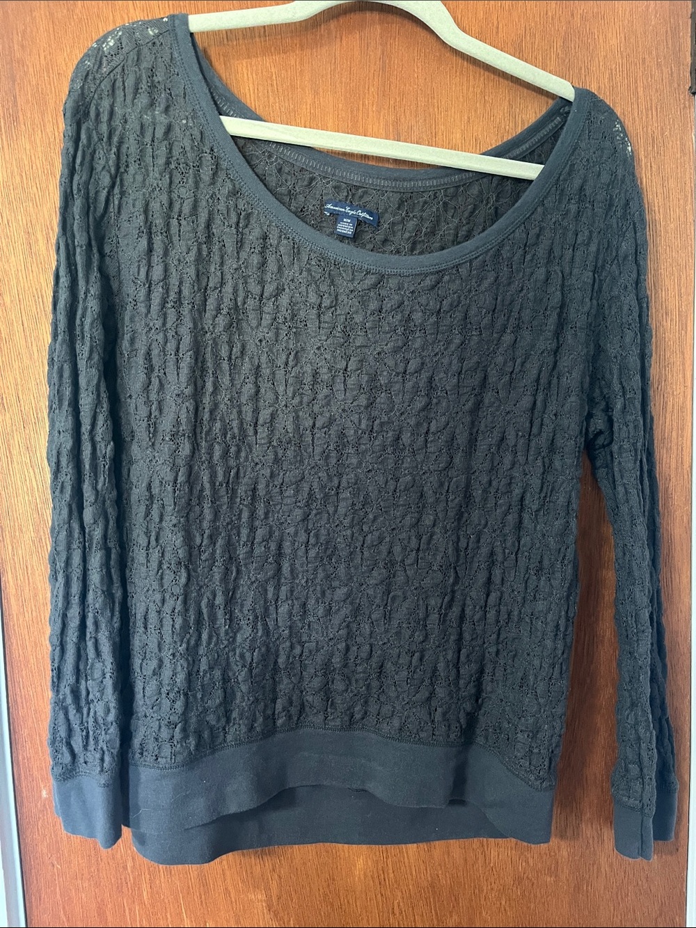 American Eagle Outfitters Charcoal Long Sleeve Textured Lace Tee